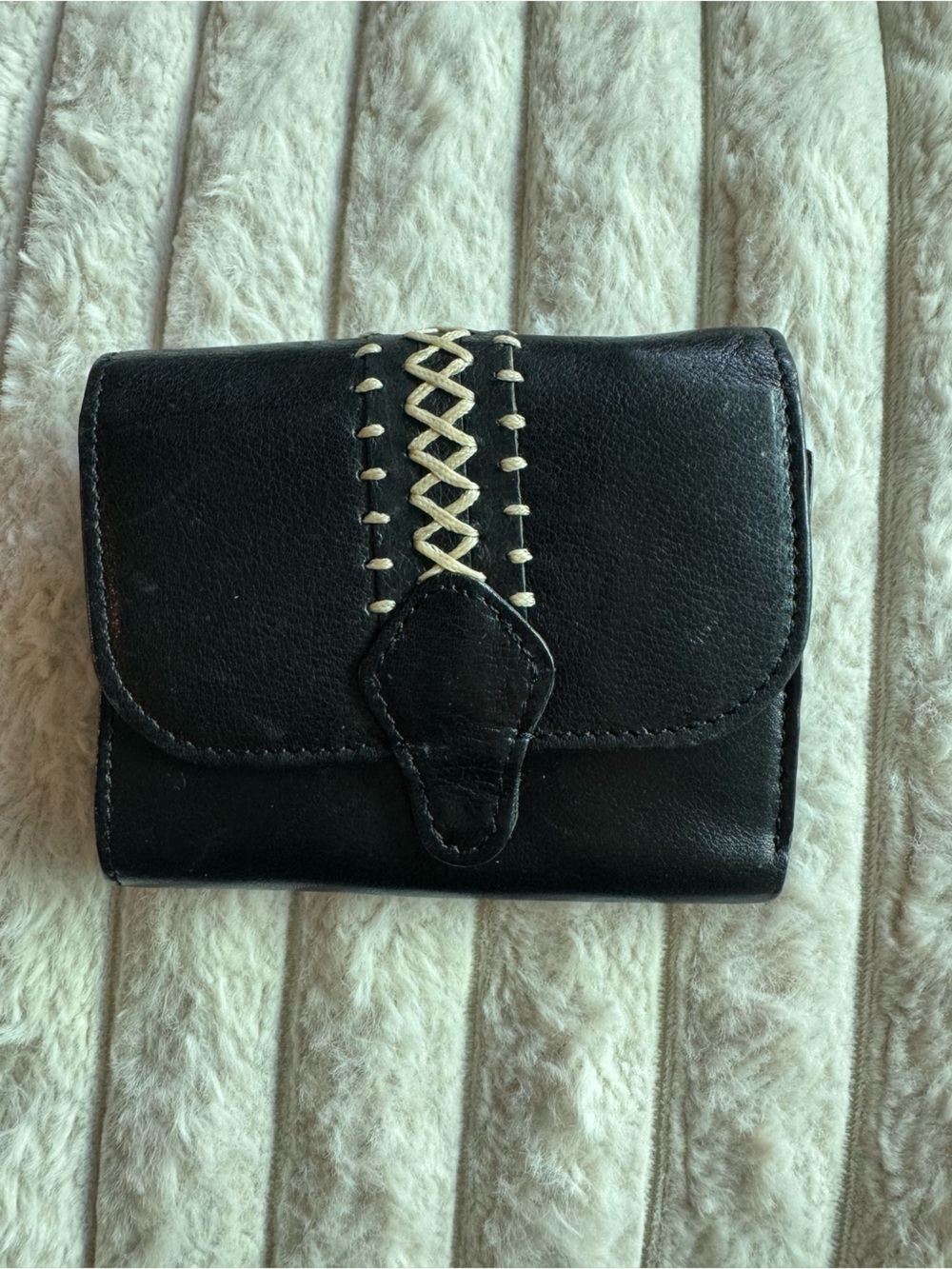 Vintage Black Genuine Leather Trifold Wallet Cream Whipstitch Cross Stitch Detai